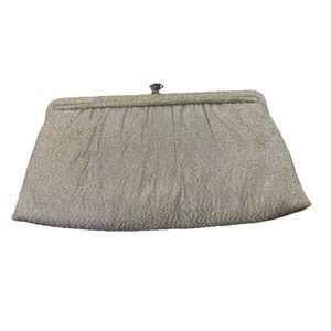 HL USA Silver Glitter Clutch With Attached Coin Purse Floral Pearl Clasp Vintage